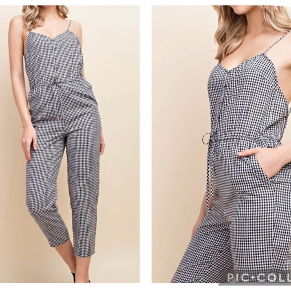 Wild Honey Black and White Gingham Jumpsuit with Pockets.